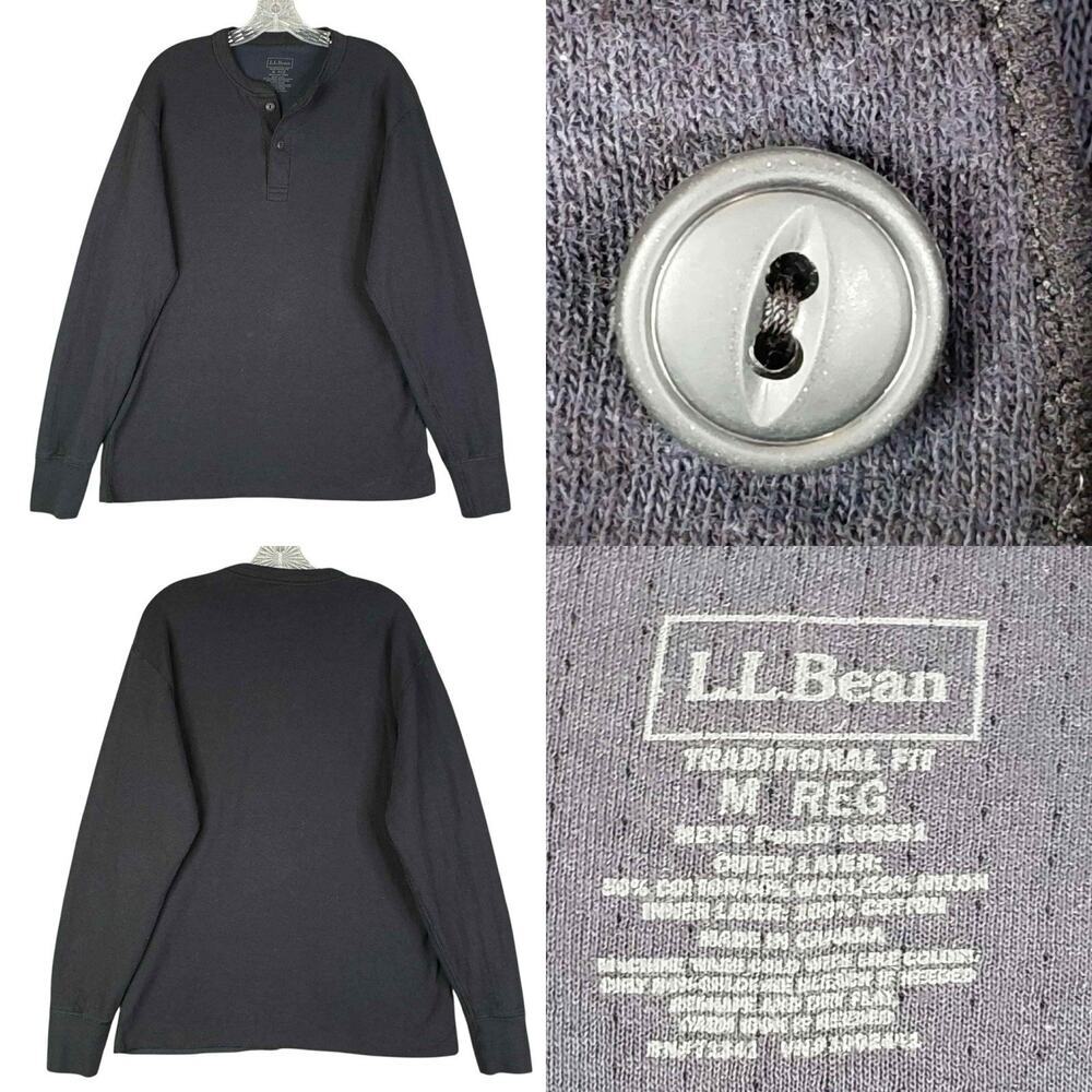 LL Bean Henley Shirt Mens Size M Medium Navy Blue Long Sleeve Thermal